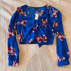 Express Vibrant Blue Floral Tie-Front Blouse